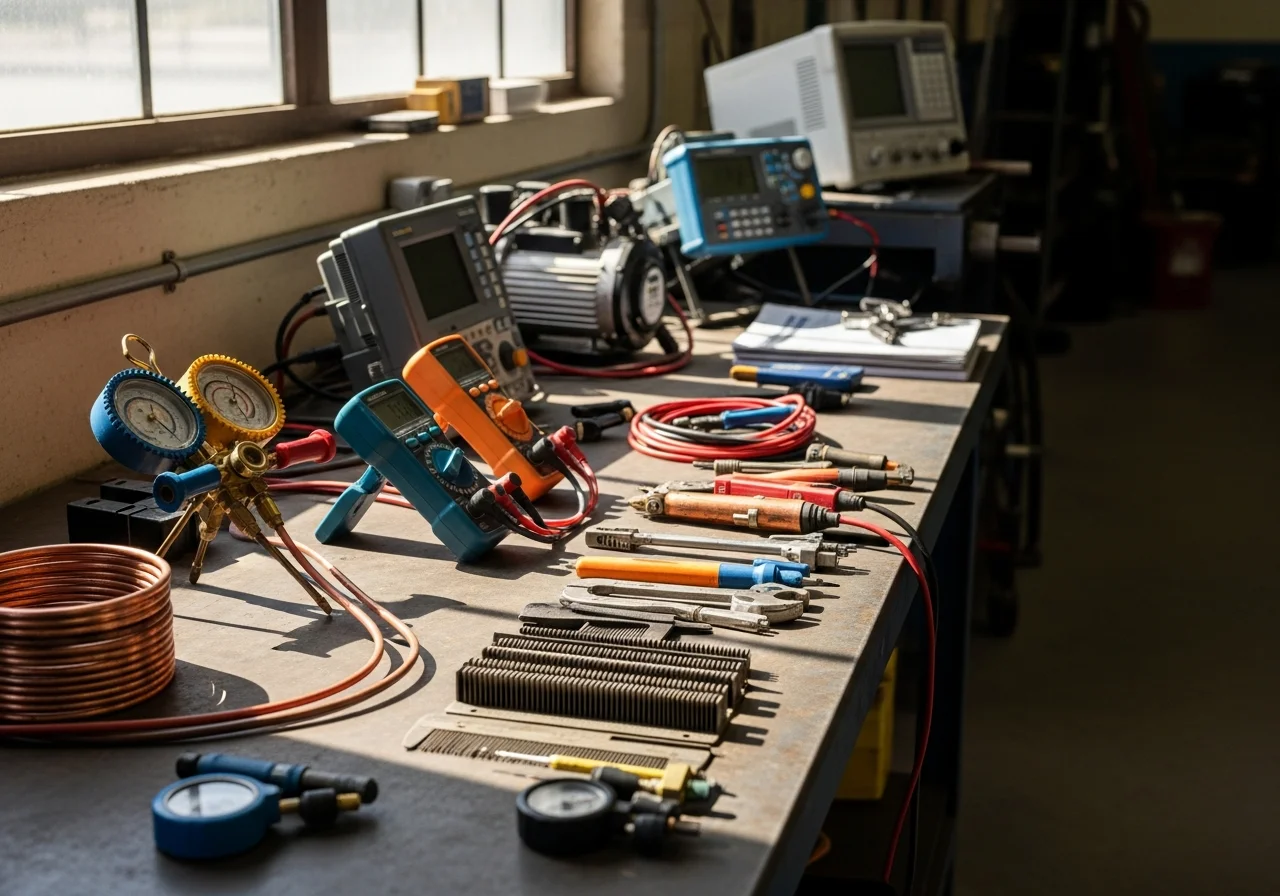 HVAC technician tools and equipment arranged on a workbench, representing the trade expertise and readiness of the service team.