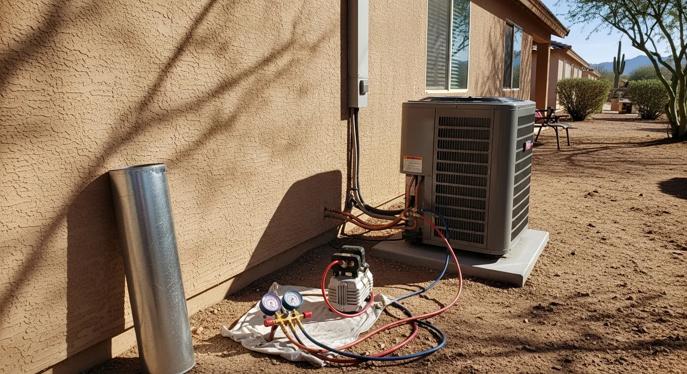A newly installed residential AC condenser unit mounted on a concrete pad beside a stucco exterior wall in a Mesa, Arizona backyard. A technician in a work uniform checks refrigerant lines connected to the outdoor unit under clear desert sky.