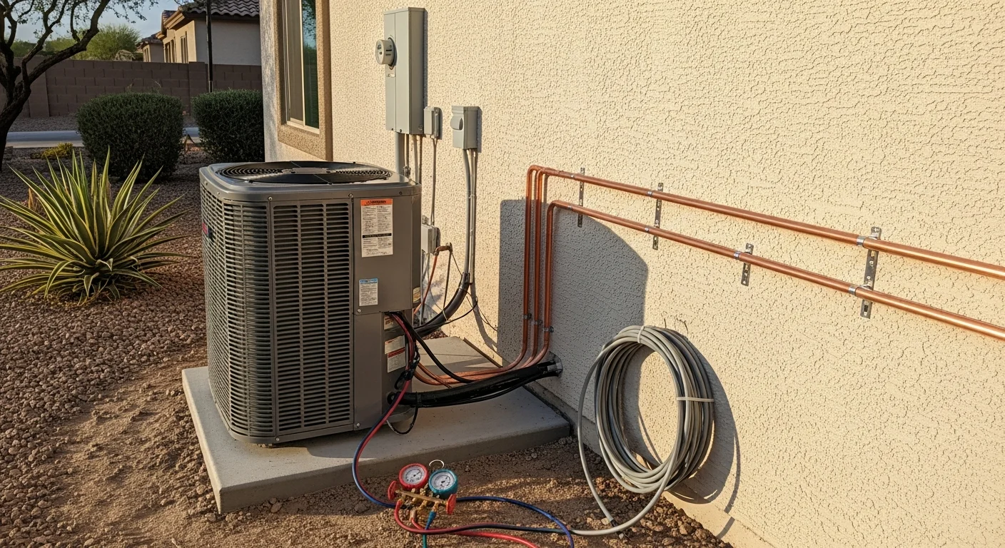A licensed AXIS Air Conditioning technician installing a new outdoor AC condenser unit beside a single-story Mesa home. The unit is positioned on a concrete pad in a sunny desert backyard setting.