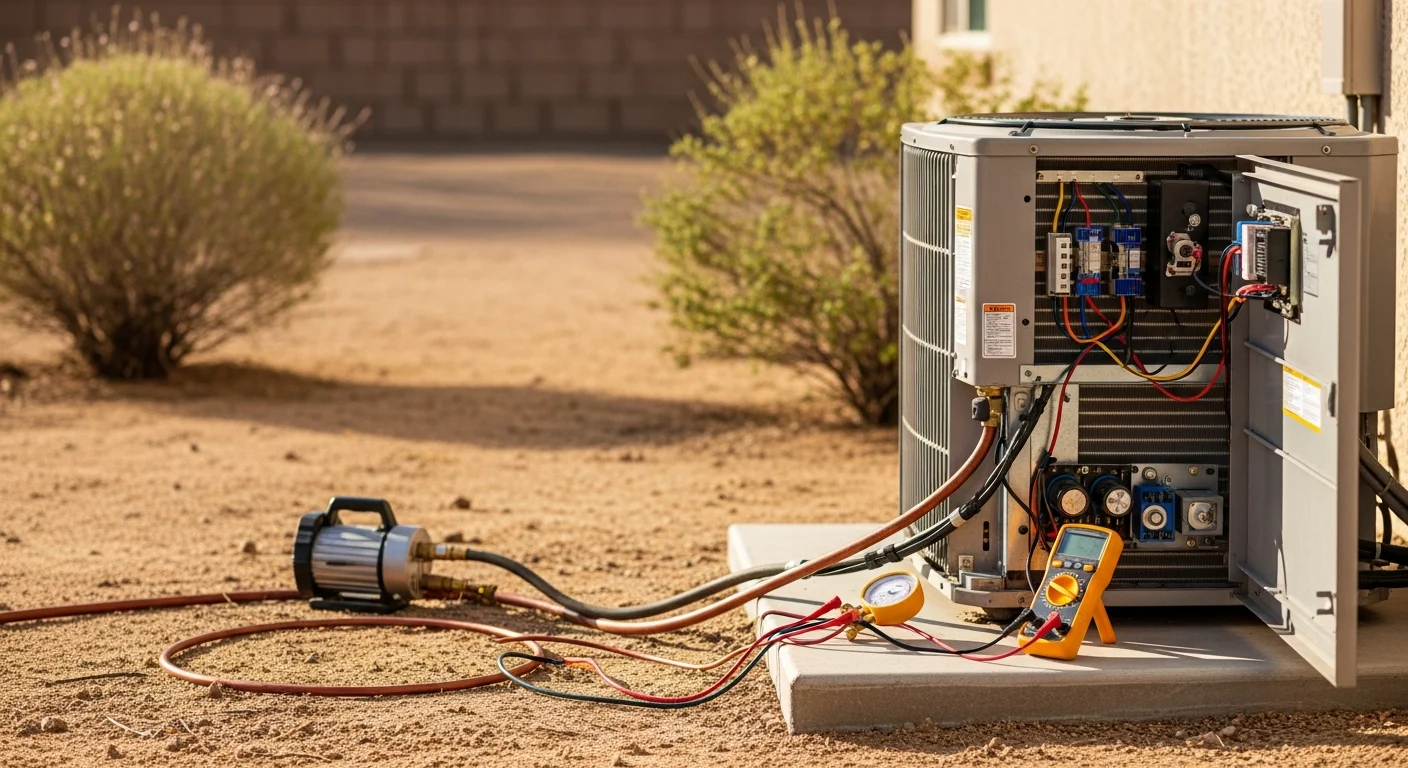 An AXIS Air Conditioning technician inspecting the outdoor condenser unit of a residential home in Mesa, Arizona, with a sun-baked desert landscape visible in the background. The technician is checking internal components with a diagnostic tool during an air conditioning repair visit.