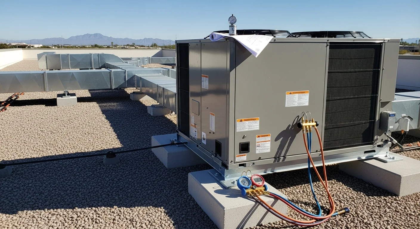 A commercial HVAC rooftop unit installed on a flat-roof commercial building in Mesa, Arizona, with condenser coils and ductwork connections visible under clear desert sky. A technician in a work uniform inspects the unit during post-installation commissioning.