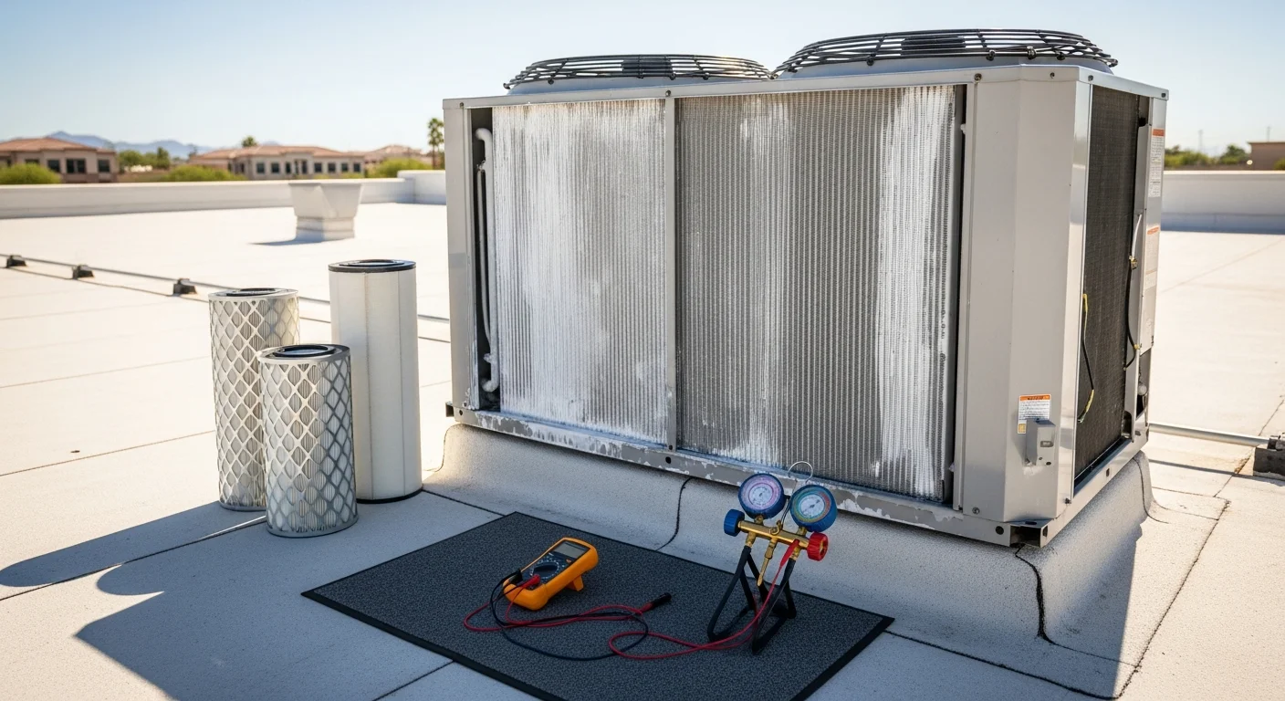 A commercial HVAC technician servicing a rooftop packaged unit on a flat-roof commercial building in Mesa, AZ. The technician is inspecting the condenser coil with tools on a clear, sunny desert day.