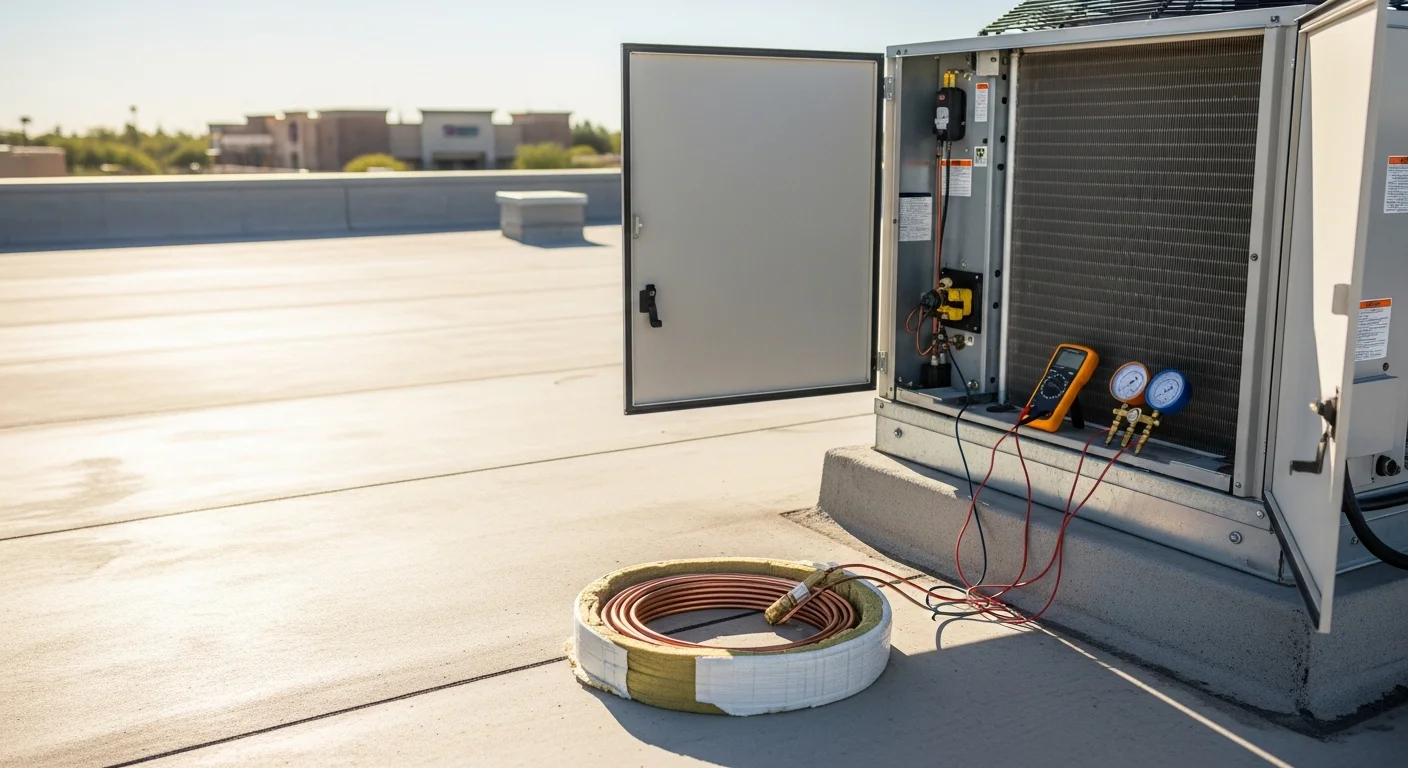 A commercial HVAC technician inspecting a rooftop packaged unit on a flat-roof commercial building in Mesa, AZ. The unit shows a clean condenser coil after service, with the Mesa skyline visible in the background under clear desert sky.