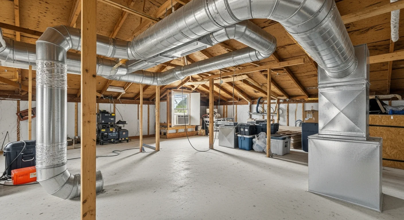 AXIS Air Conditioning technician inspecting flexible duct connections in a Mesa home attic during a duct work service call. Insulated duct runs are visible overhead with supply and return connections accessible for repair.