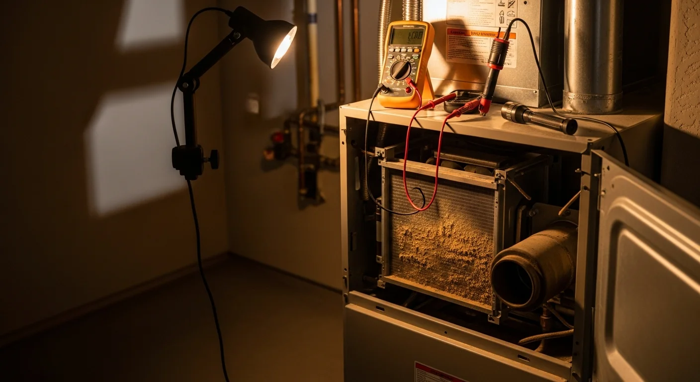 An AXIS Air Conditioning technician inspecting an open gas furnace cabinet inside a Mesa home during an emergency heating repair visit. The technician examines the burner assembly and heat exchanger with a diagnostic light while the homeowner observes nearby.