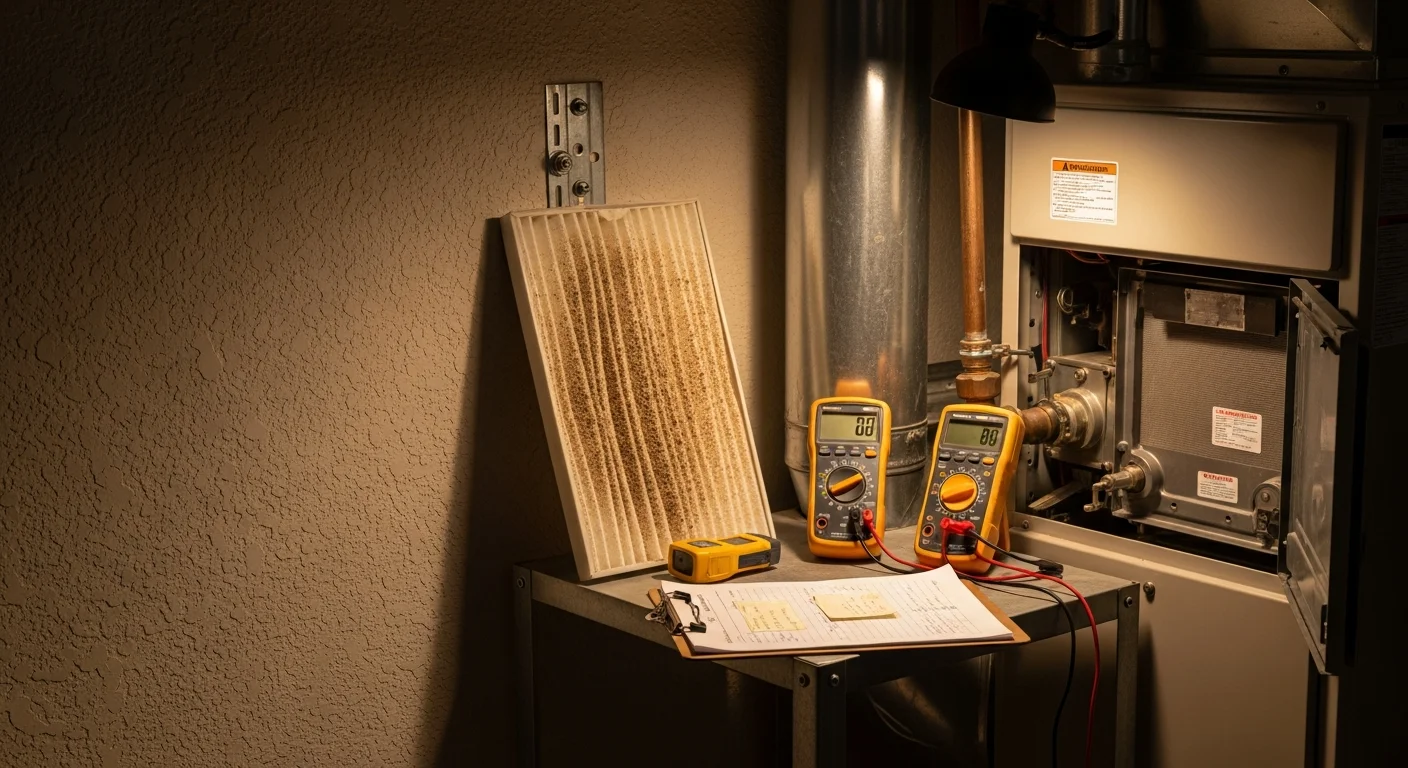 An AXIS Air Conditioning technician inspecting a residential heating system in a Mesa home, checking the heat exchanger and electrical connections on a gas furnace unit. The technician holds a diagnostic tool while reviewing components inside the furnace cabinet.