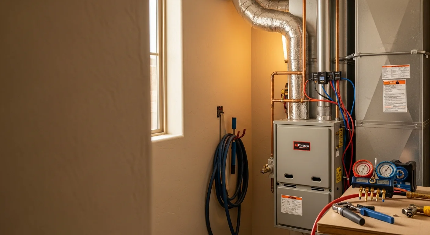 A newly installed heat pump unit mounted on the exterior wall of a single-story Mesa home with a desert landscape in the background. An AXIS Air Conditioning technician performs a post-installation airflow check at the indoor air handler inside the home.