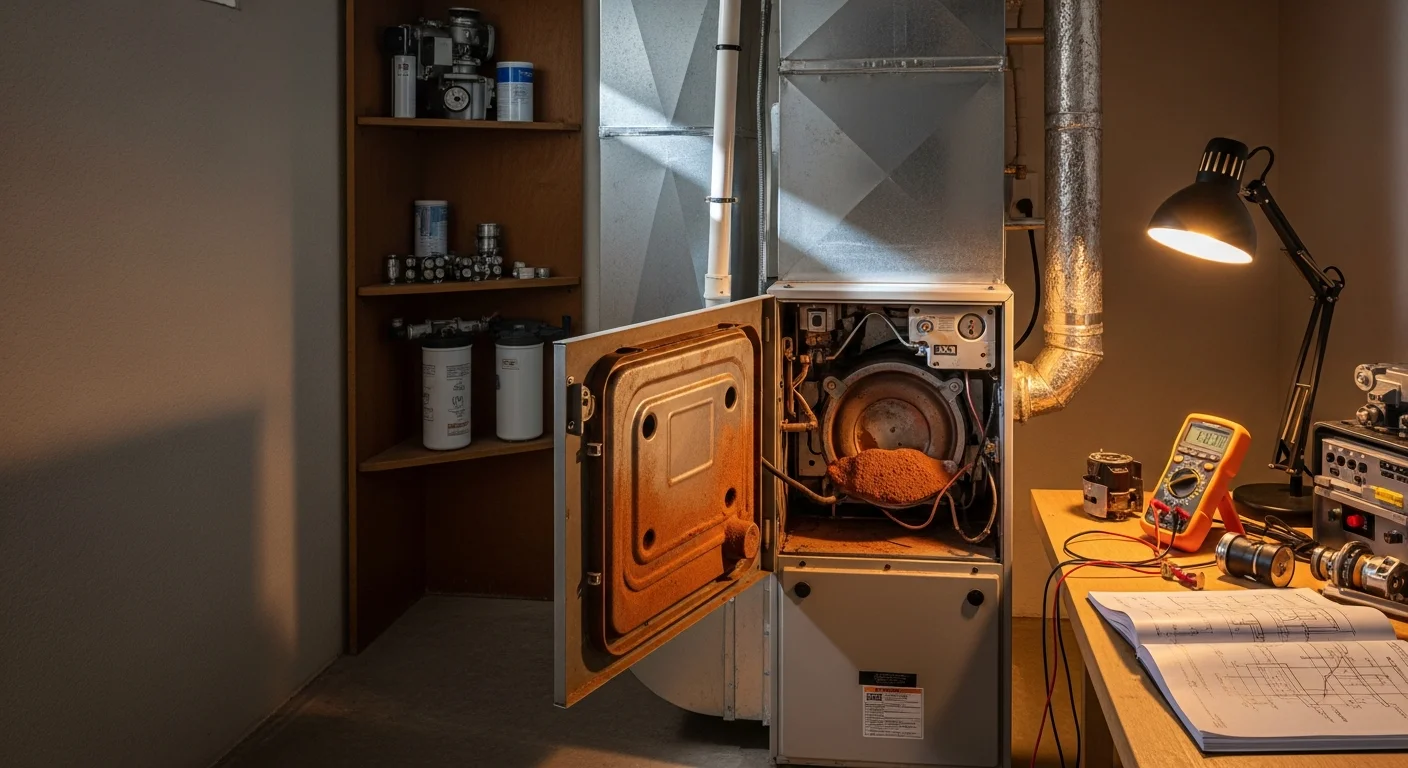 A heating system technician inspecting an open gas furnace inside a Mesa, Arizona home during a repair visit. The unit is mounted in an interior utility closet typical of single-story desert residential construction.
