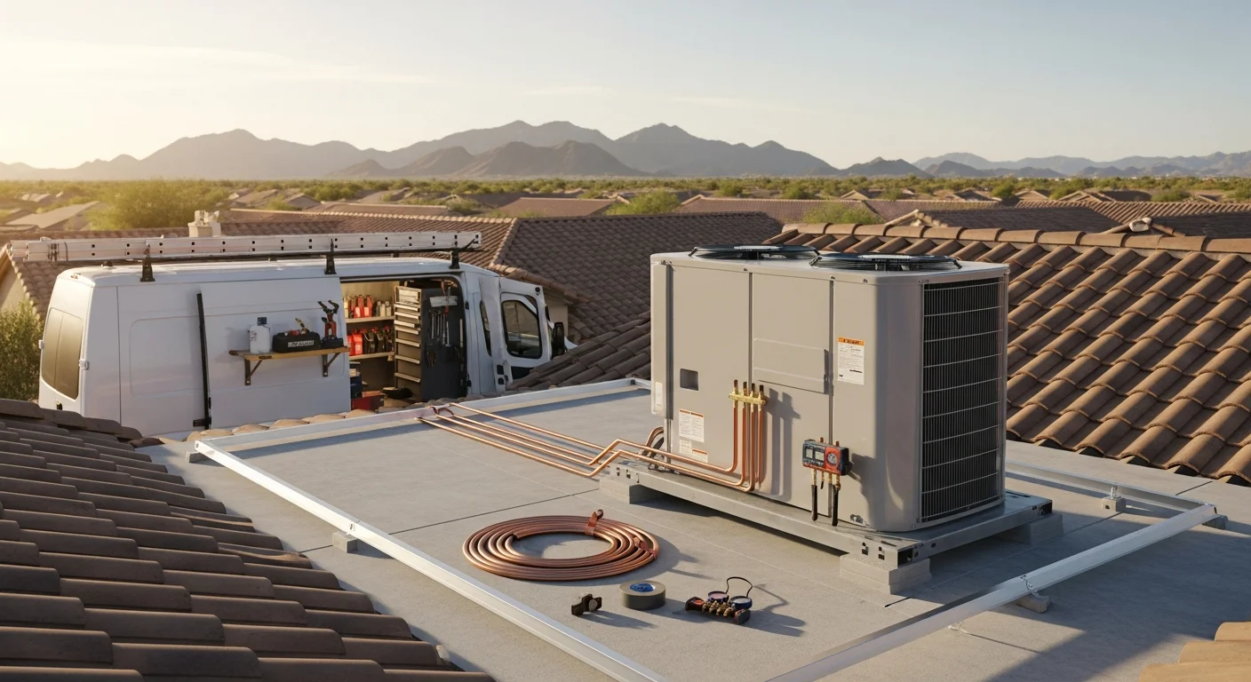 A licensed HVAC technician from AXIS Air Conditioning completing an outdoor condenser unit installation beside a single-story Mesa, Arizona home. The unit is positioned on a concrete pad with refrigerant lines connected and routed along the exterior wall.