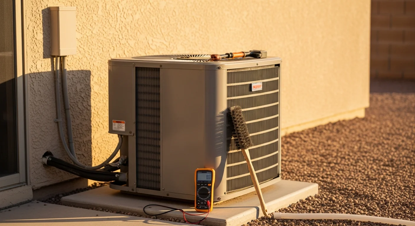 An AXIS Air Conditioning technician cleaning the outdoor condenser unit of a residential HVAC system in Mesa, Arizona. The unit sits on a concrete pad beside a stucco home, with the technician inspecting the coil fins and removing desert dust buildup.