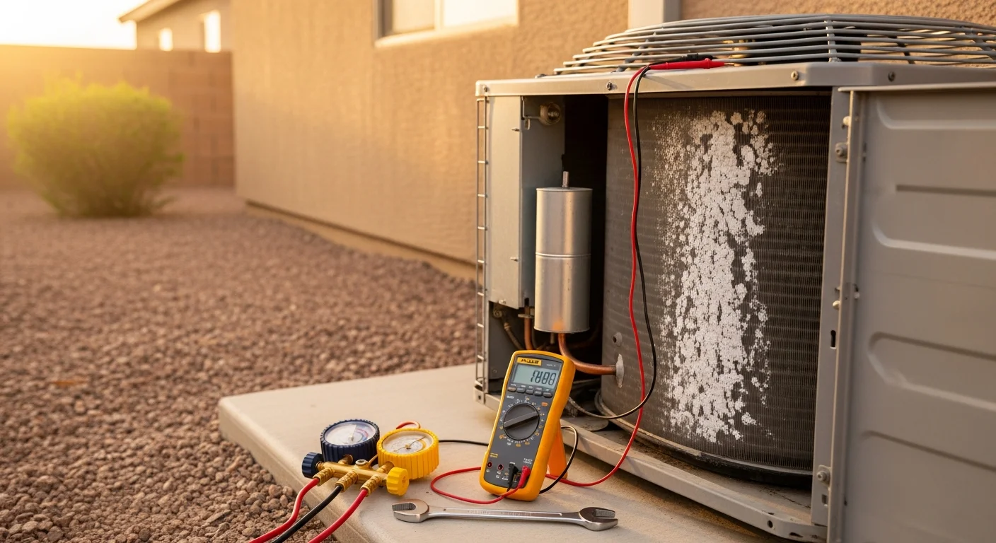 An AXIS Air Conditioning technician inspecting an outdoor HVAC condenser unit at a residential home in Mesa, Arizona, with a sun-bleached desert landscape visible in the background. The technician is using a diagnostic tool to check refrigerant levels on a rooftop-adjacent unit typical of Mesa tract homes.