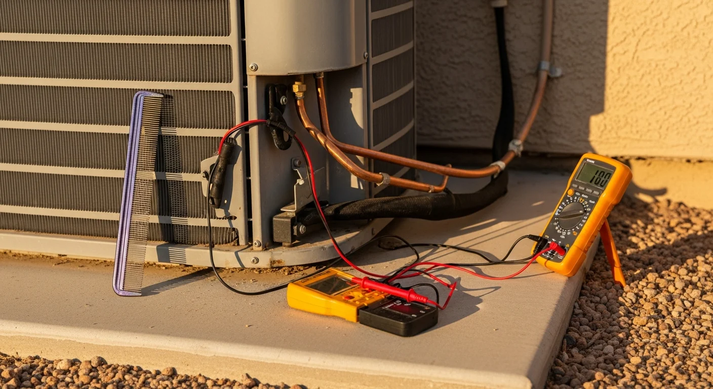 An AXIS Air Conditioning technician inspecting the outdoor condenser unit of a residential home in Mesa, Arizona. The technician checks coil condition and electrical connections on a clear desert day with a single-story stucco home visible in the background.