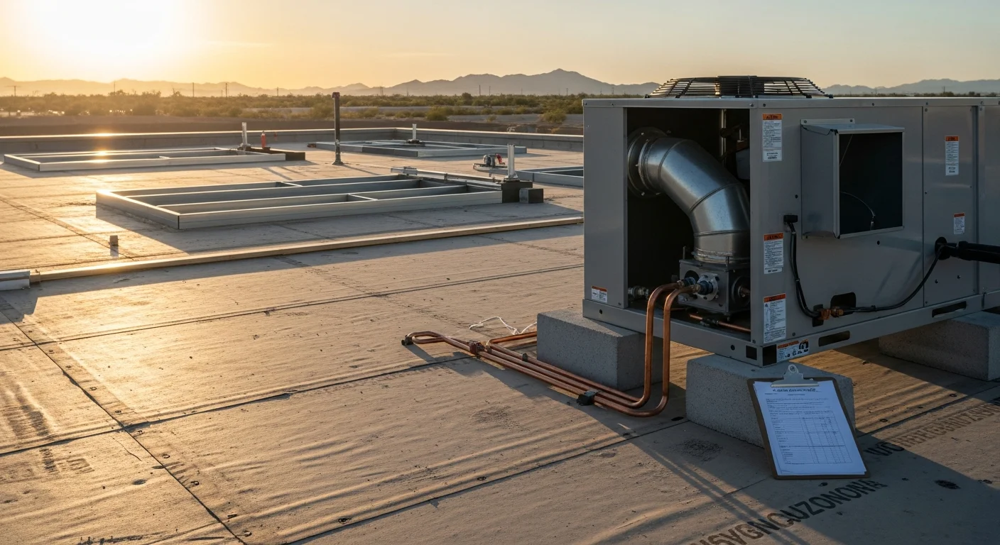 A licensed HVAC technician overseeing rooftop packaged unit installation on a new commercial building under construction in Mesa, Arizona. Exposed ductwork and structural framing are visible in the background against a clear desert sky.